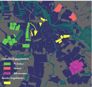 Fig 2: Stadsvernieuwingsgebieden in Amsterdam. De gele gebieden zijn aandachtsgebieden en krijgen prioriteit bij het verdelen van de 271 miljoen van het ISV-1 fonds. De gekleurde gebieden zijn aangewezen als herstructureringsgebieden. Zij krijgen topprioriteit, gaan grondig op de schop en krijgen van het rijk nog een extra herstructureringspot van 67 miljoen.
