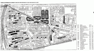 Fig 2A: Vernieuwingsplannen van De Dageraad in de Indische Buurt Bron: De Dageraad, Voorraadbeheerplan 2002. Deze kaart is uit het voorraadbeheerplan van 2002, sommige van de projecten hebben echter ernstige vertraging opgelopen -soms tot wel drie jaar, er is intussen een nieuwe planning (jan 2004) die echter niet vrijgegeven wordt door De Dageraad (waarschijnlijk uit angst voor kraak van de vele woningen die leegstaan in de periode voor de verbouwingswerkzaamheden).